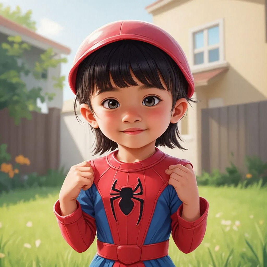 a strong girl in the back of Spiderman costume